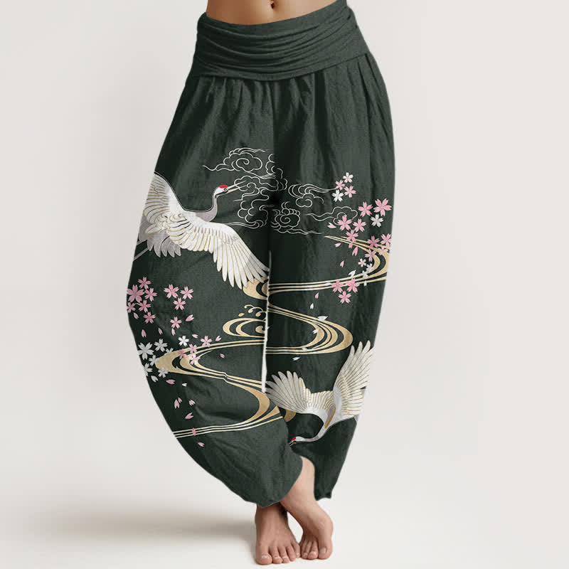 Buddha Stones 綿素材の鶴桜柄レディースゴムウエストハーレムパンツ - ダークグリーン - US16、 UK/AU20、 EU48 (3XL) - image 5