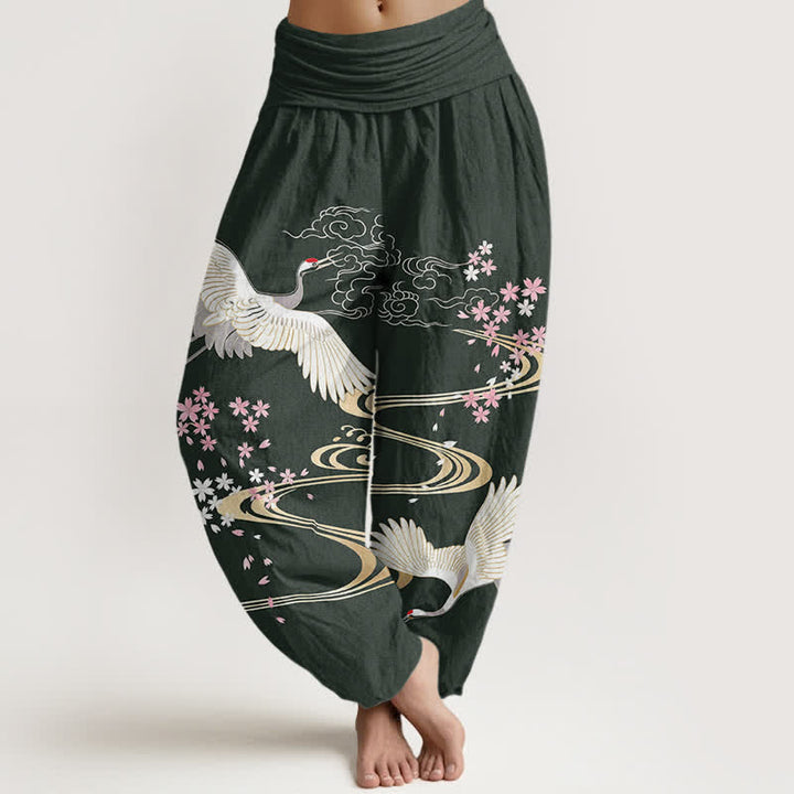 Buddha Stones 綿素材の鶴桜柄レディースゴムウエストハーレムパンツ - ダークグリーン - US16、 UK/AU20、 EU48 (3XL) - image 5