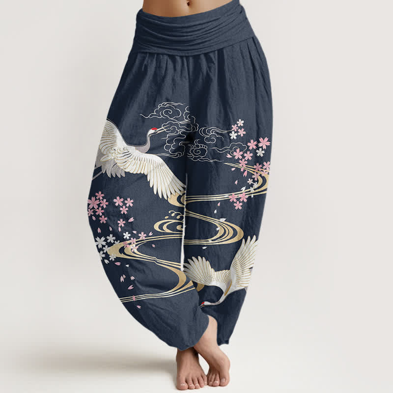 Buddha Stones 綿素材の鶴桜柄レディースゴムウエストハーレムパンツ - 海軍 - US16、 UK/AU20、 EU48 (3XL) - image 8