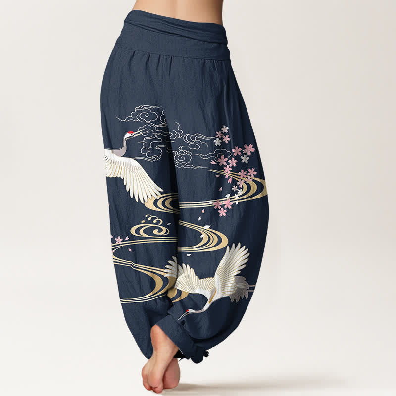 Buddha Stones 綿素材の鶴桜柄レディースゴムウエストハーレムパンツ - image 10