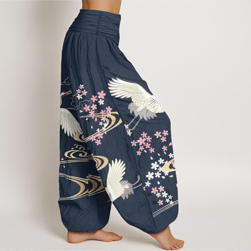 Buddha Stones 綿素材の鶴桜柄レディースゴムウエストハーレムパンツ - image 9
