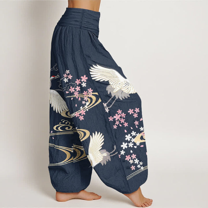 Buddha Stones 綿素材の鶴桜柄レディースゴムウエストハーレムパンツ - image 9