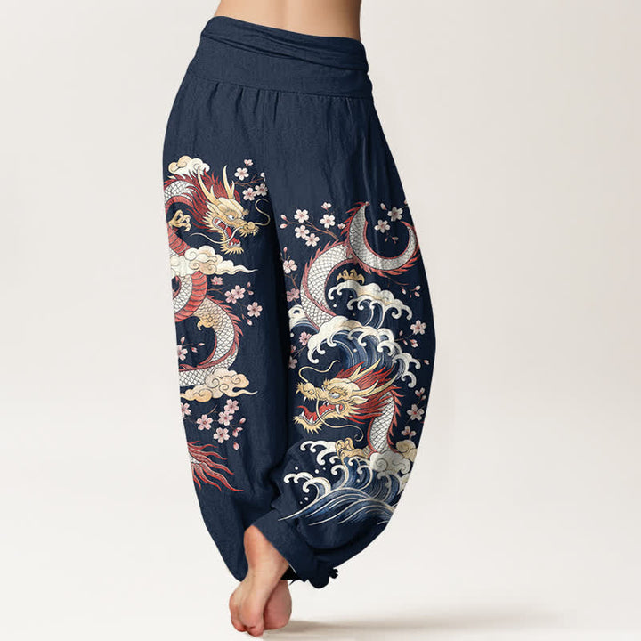 Buddha Stones コットン素材の龍波模様のレディース用ゴムウエストハーレムパンツ - image 2