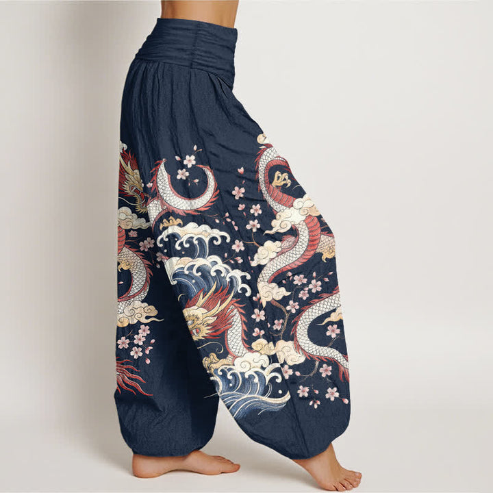 Buddha Stones コットン素材の龍波模様のレディース用ゴムウエストハーレムパンツ - image 1
