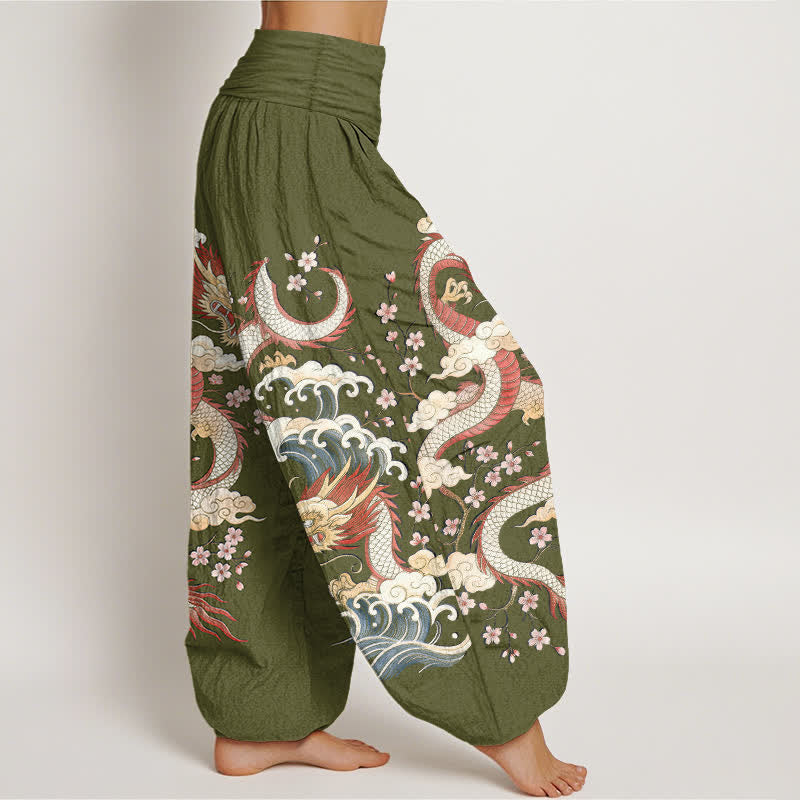 Buddha Stones コットン素材の龍波模様のレディース用ゴムウエストハーレムパンツ - image 6