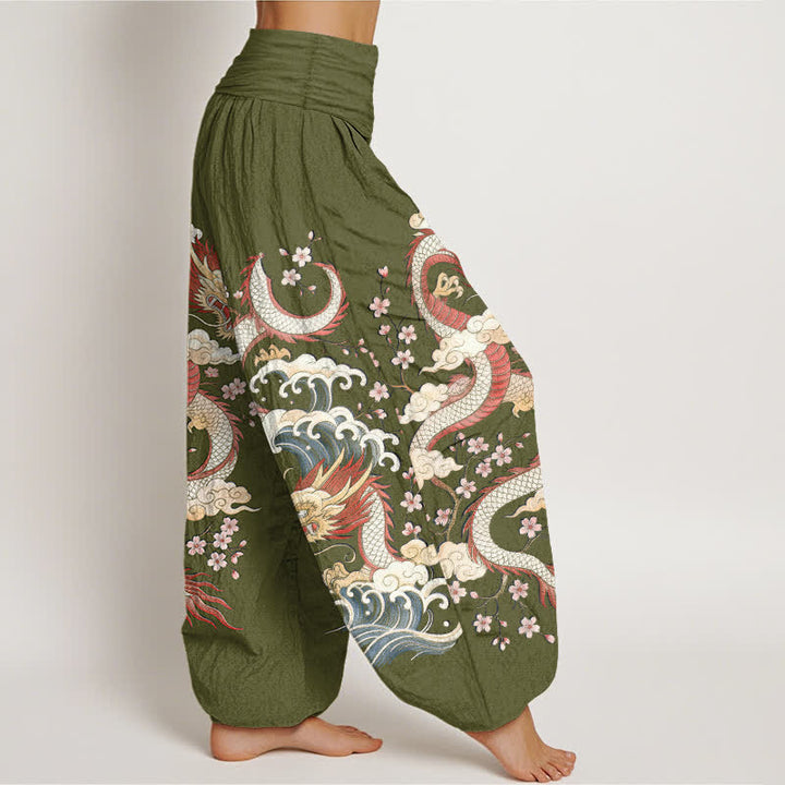 Buddha Stones コットン素材の龍波模様のレディース用ゴムウエストハーレムパンツ - image 6