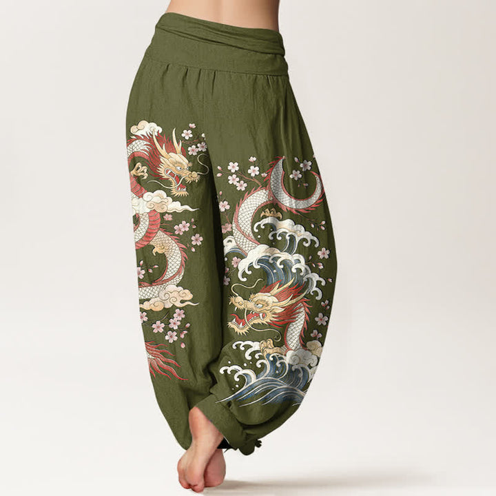 Buddha Stones コットン素材の龍波模様のレディース用ゴムウエストハーレムパンツ - image 7