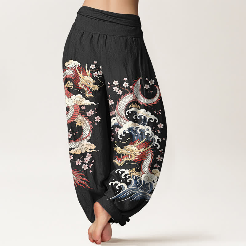Buddha Stones コットン素材の龍波模様のレディース用ゴムウエストハーレムパンツ - image 10