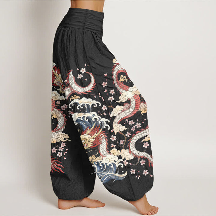 Buddha Stones コットン素材の龍波模様のレディース用ゴムウエストハーレムパンツ - image 9