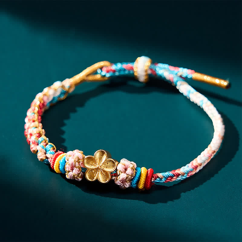 Buddha Stones 手織りの多色桃花模様の魔除けロープブレスレット - image 5