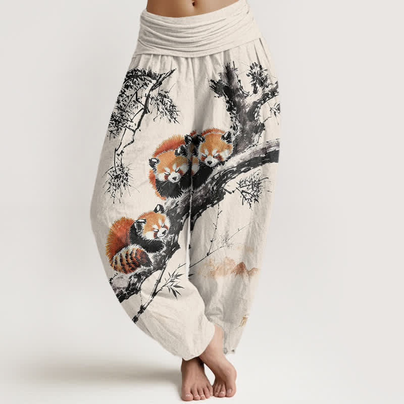 Buddha Stones コットンインク バンブー レッサーパンダ柄 レディース ゴムウエスト ハーレムパンツ - リネン - US16、 UK/AU20、 EU48 (3XL) - image 0