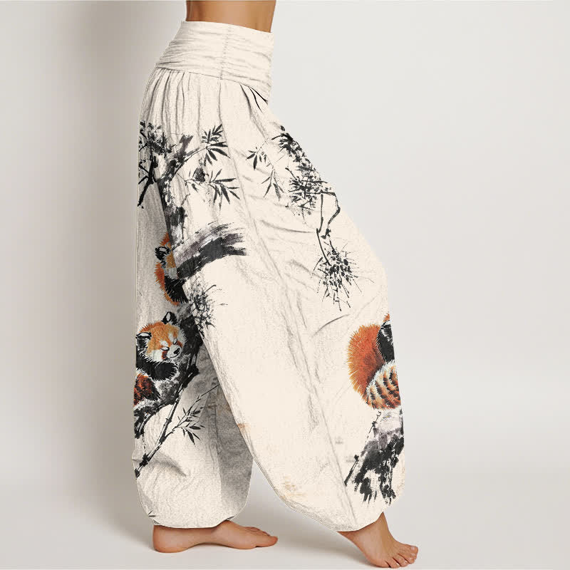 Buddha Stones コットンインク バンブー レッサーパンダ柄 レディース ゴムウエスト ハーレムパンツ - image 1