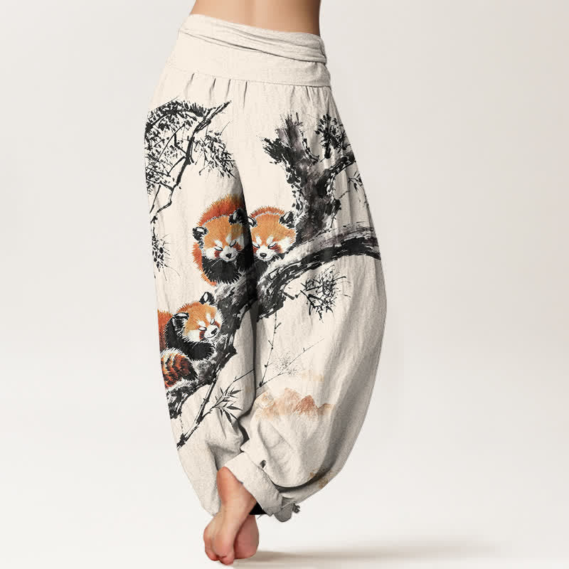 Buddha Stones コットンインク バンブー レッサーパンダ柄 レディース ゴムウエスト ハーレムパンツ - image 2