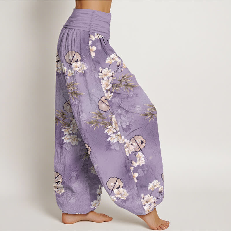 Buddha Stones コットンファンズ ホワイトブロッサムリーフ柄 レディース ゴムウエスト ハーレムパンツ - image 6