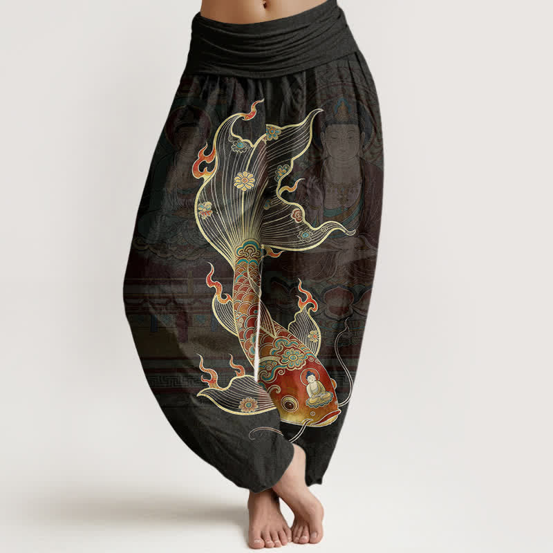 Buddha Stones コットン鯉観音柄レディースゴムウエストハーレムパンツ - 黒 - US16、 UK/AU20、 EU48 (3XL) - image 0