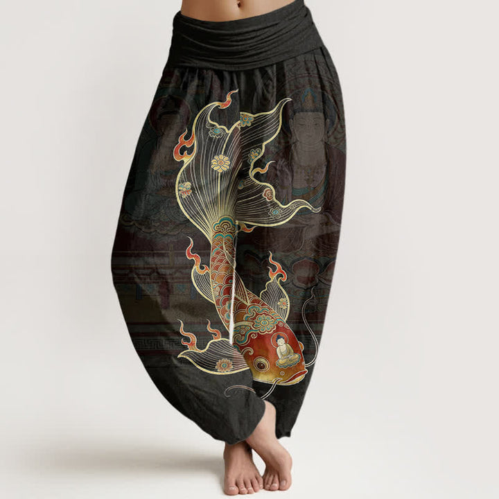 Buddha Stones コットン鯉観音柄レディースゴムウエストハーレムパンツ - 黒 - US16、 UK/AU20、 EU48 (3XL) - image 0