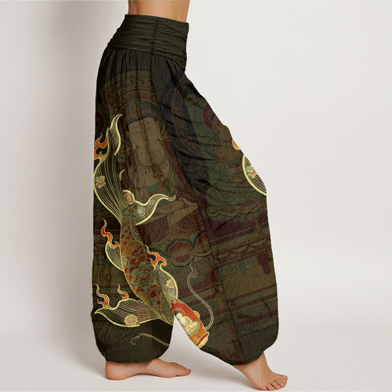 Buddha Stones コットン鯉観音柄レディースゴムウエストハーレムパンツ - image 6