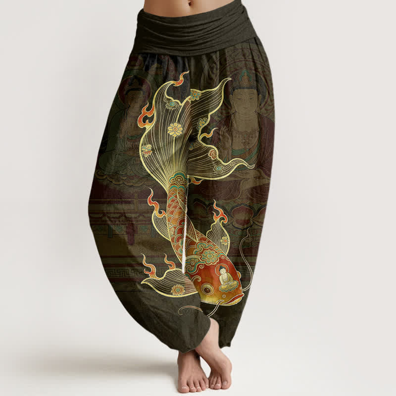 Buddha Stones コットン鯉観音柄レディースゴムウエストハーレムパンツ - オリーブ - US16、 UK/AU20、 EU48 (3XL) - image 5