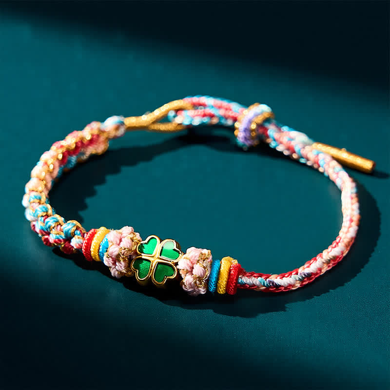 Buddha Stones 手織りのマルチカラー桃の花柄ハート型グリーン四つ葉クローバー幸運ロープブレスレット - image 14
