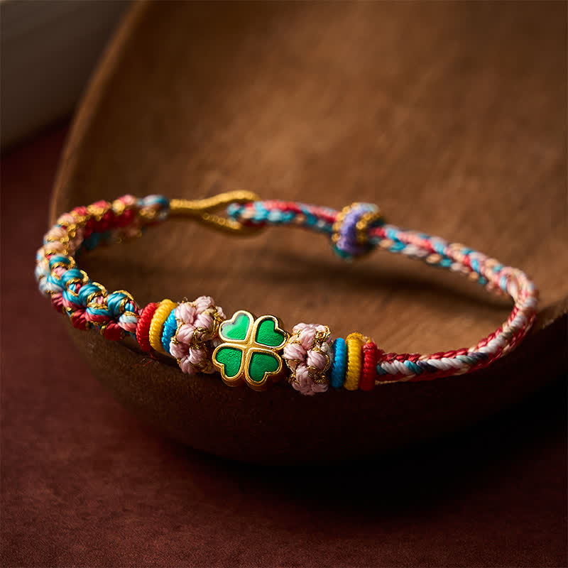 Buddha Stones 手織りのマルチカラー桃の花柄ハート型グリーン四つ葉クローバー幸運ロープブレスレット - image 13