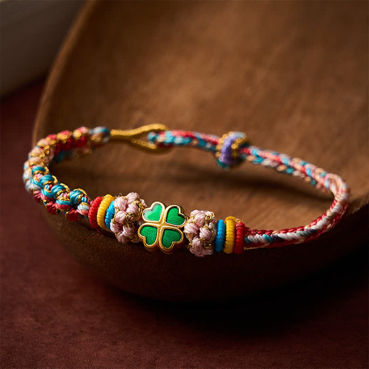Buddha Stones 手織りのマルチカラー桃の花柄ハート型グリーン四つ葉クローバー幸運ロープブレスレット - image 13