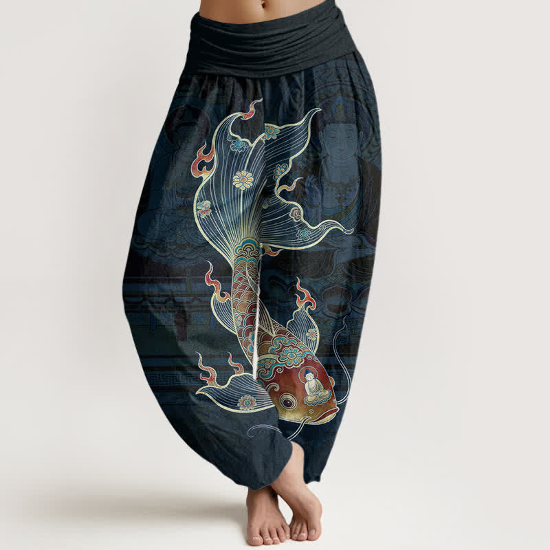 Buddha Stones コットン鯉観音柄レディースゴムウエストハーレムパンツ - 海軍 - US16、 UK/AU20、 EU48 (3XL) - image 8