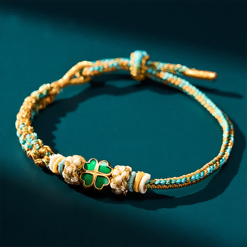 Buddha Stones 手織りのマルチカラー桃の花柄ハート型グリーン四つ葉クローバー幸運ロープブレスレット - image 1
