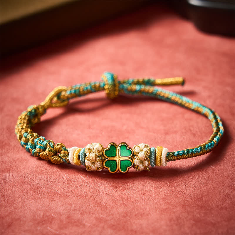 Buddha Stones 手織りのマルチカラー桃の花柄ハート型グリーン四つ葉クローバー幸運ロープブレスレット - image 3