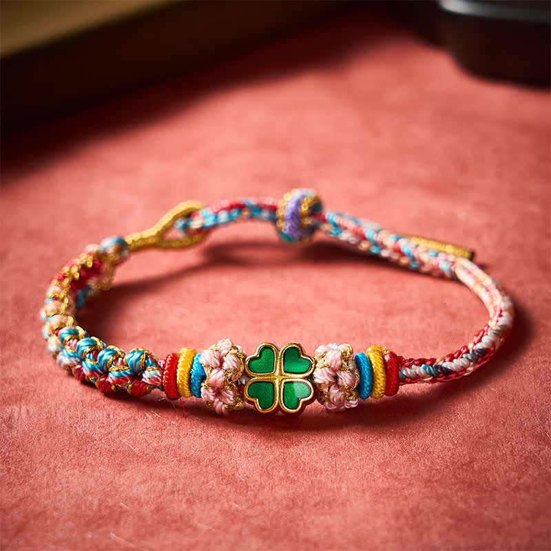 Buddha Stones 手織りのマルチカラー桃の花柄ハート型グリーン四つ葉クローバー幸運ロープブレスレット - image 11