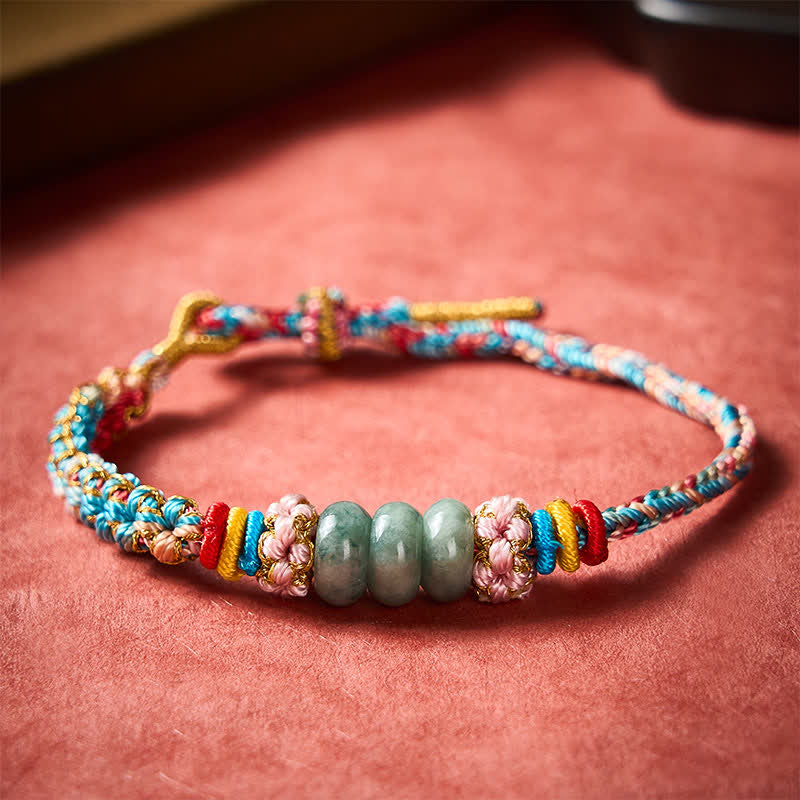 Buddha Stones 手織りの多色桃花模様翡翠幸運ロープブレスレット - image 1