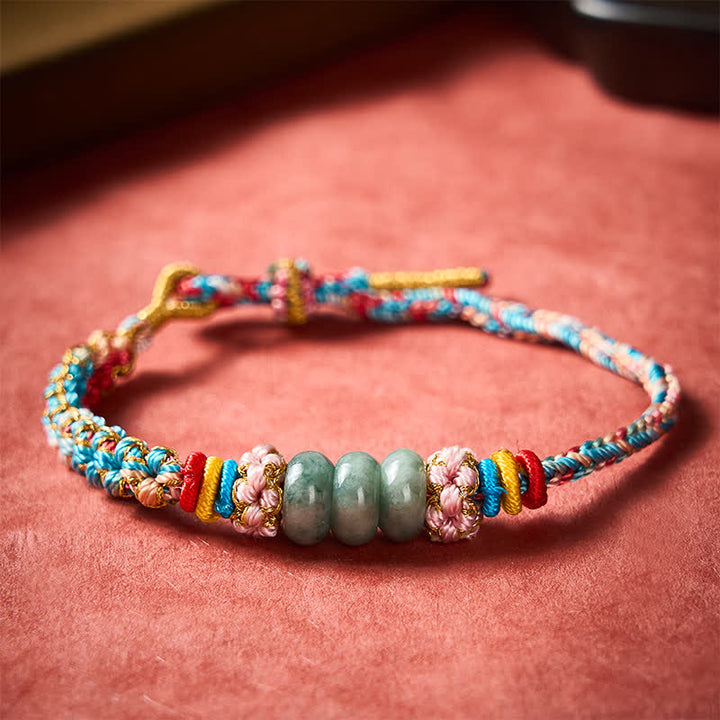 Buddha Stones 手織りの多色桃花模様翡翠幸運ロープブレスレット - image 1