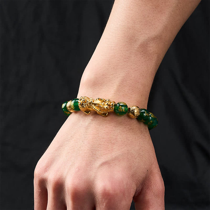 Buddha Stones 天然グリーンアゲートオーム・マニ・パドメ・フム貔貅 ハーモニーブレスレット - image 4