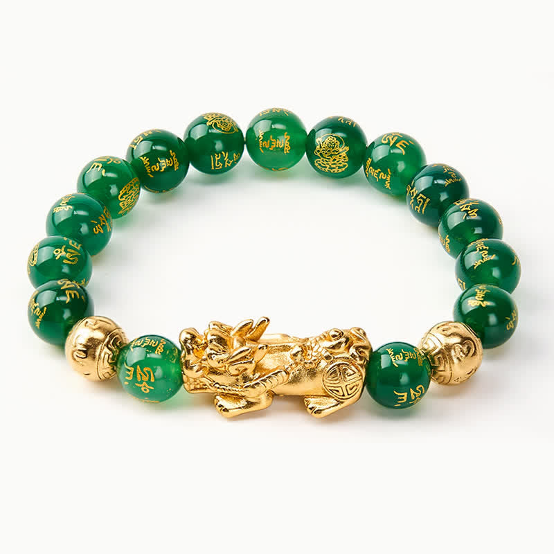Buddha Stones 天然グリーンアゲートオーム・マニ・パドメ・フム貔貅 ハーモニーブレスレット - image 1