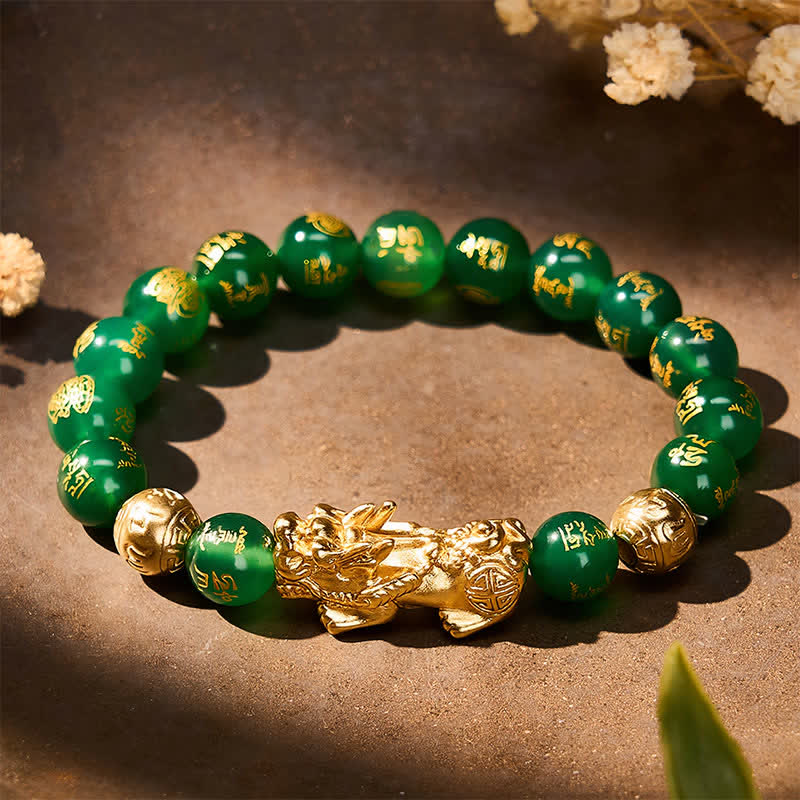 Buddha Stones 天然グリーンアゲートオーム・マニ・パドメ・フム貔貅 ハーモニーブレスレット - image 2