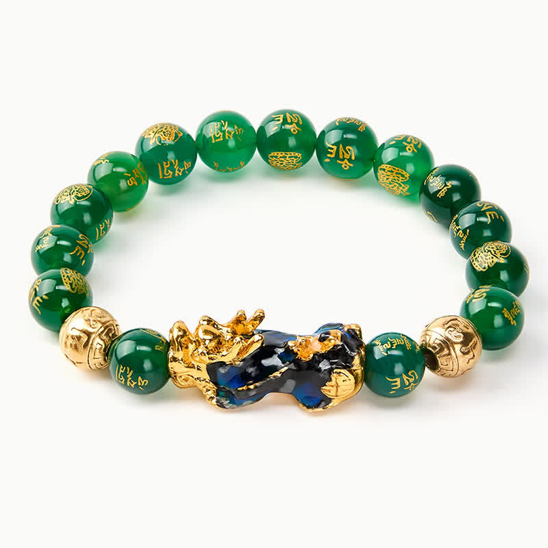 Buddha Stones 天然グリーンアゲートオーム・マニ・パドメ・フム変色貔貅成就ブレスレット - image 1