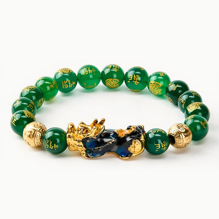 Buddha Stones 天然グリーンアゲートオーム・マニ・パドメ・フム変色貔貅成就ブレスレット - グリーンアゲート（バランス♥成長） - image 0