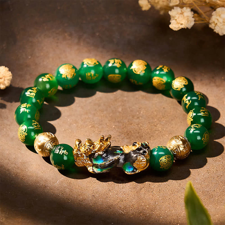 Buddha Stones 天然グリーンアゲートオーム・マニ・パドメ・フム変色貔貅成就ブレスレット - image 2