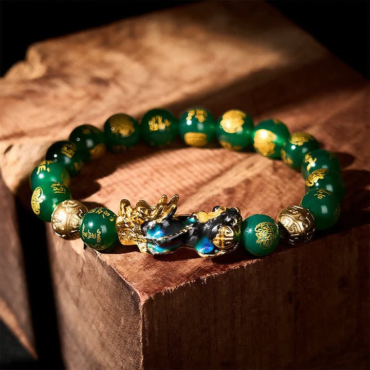 Buddha Stones 天然グリーンアゲートオーム・マニ・パドメ・フム変色貔貅成就ブレスレット - image 3