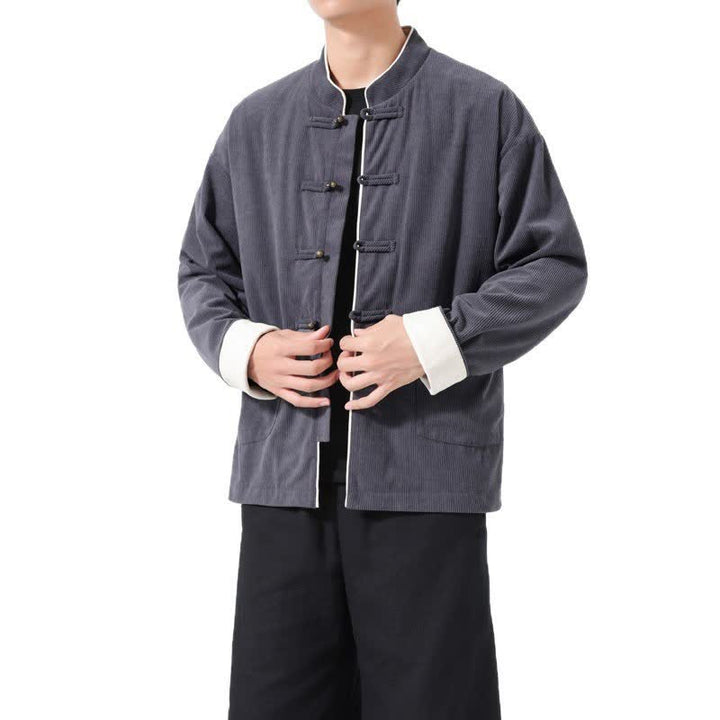 Buddha Stones 秋冬ヴィンテージ風タンスタイルフロッグボタン無地コーデュロイメンズジャケット（ポケット付き） - image 14