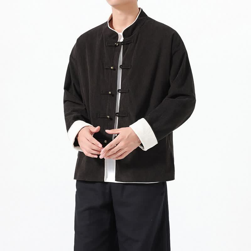 Buddha Stones 秋冬ヴィンテージ風タンスタイルフロッグボタン無地コーデュロイメンズジャケット（ポケット付き） - image 11