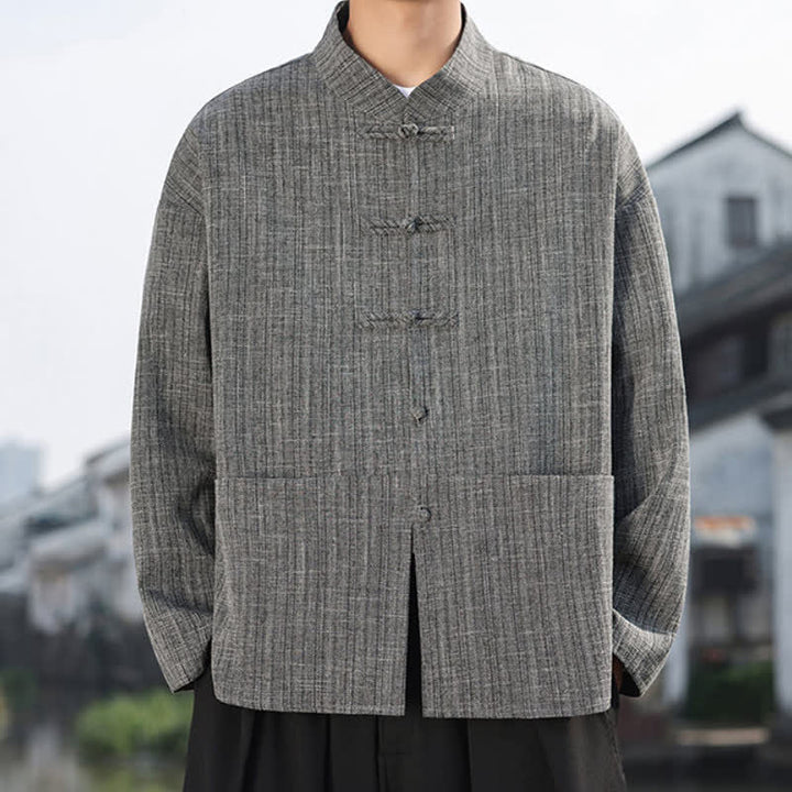 Buddha Stones 秋冬向け唐草スタイルカジュアルカエルボタン無地メンズジャケット（ポケット付き） - image 5
