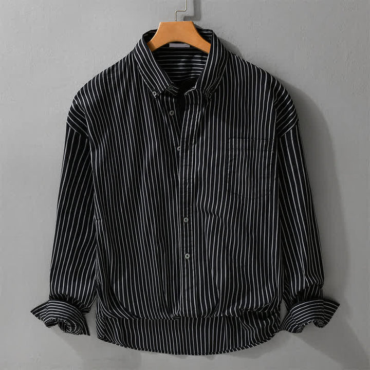 Buddha Stones 春秋カジュアルストライプ柄コットンメンズ長袖シャツ（ポケット付き） - 黒 - US/UK/AU42、 EU52 (3XL) - image 0