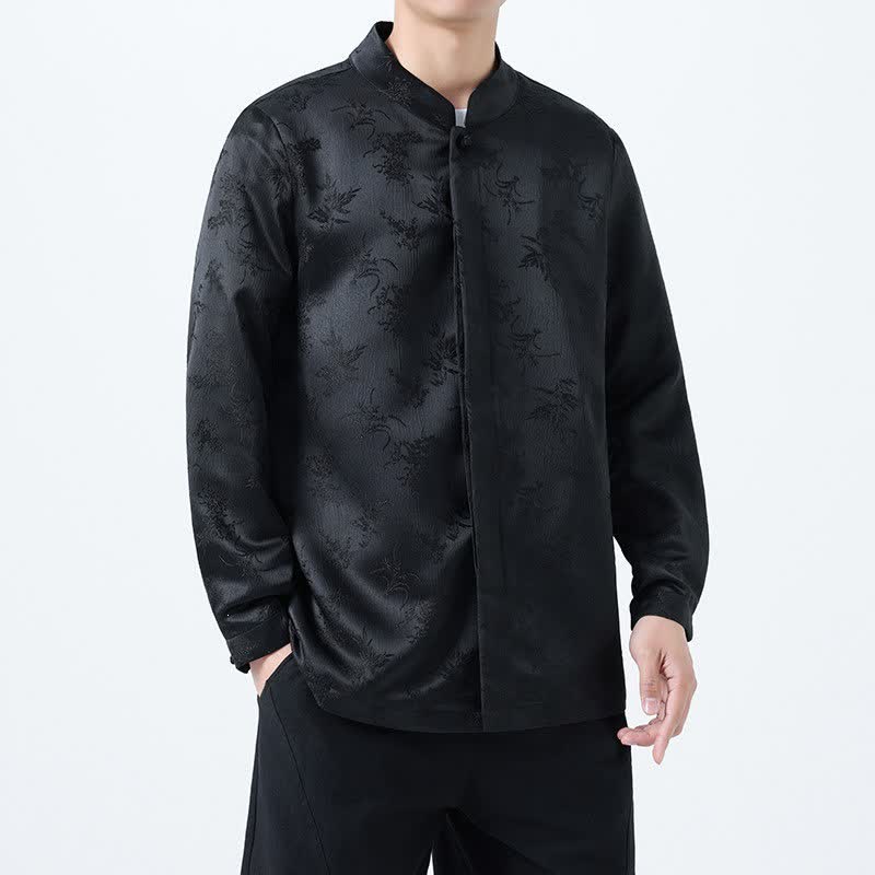 Buddha Stones 秋のヴィンテージ風唐草スタイル マンダリンカラー 花柄 メンズ長袖シャツ - 黒 - US/UK/AU46、 EU56 (5XL) - image 0