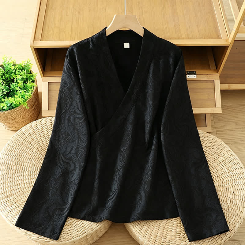 Buddha Stones 秋燕スタイル ヴィンテージ ドローストリング 花柄 レディース キモノ - 黒 - US6, UK/AU10, EU38 （XL） - image 9
