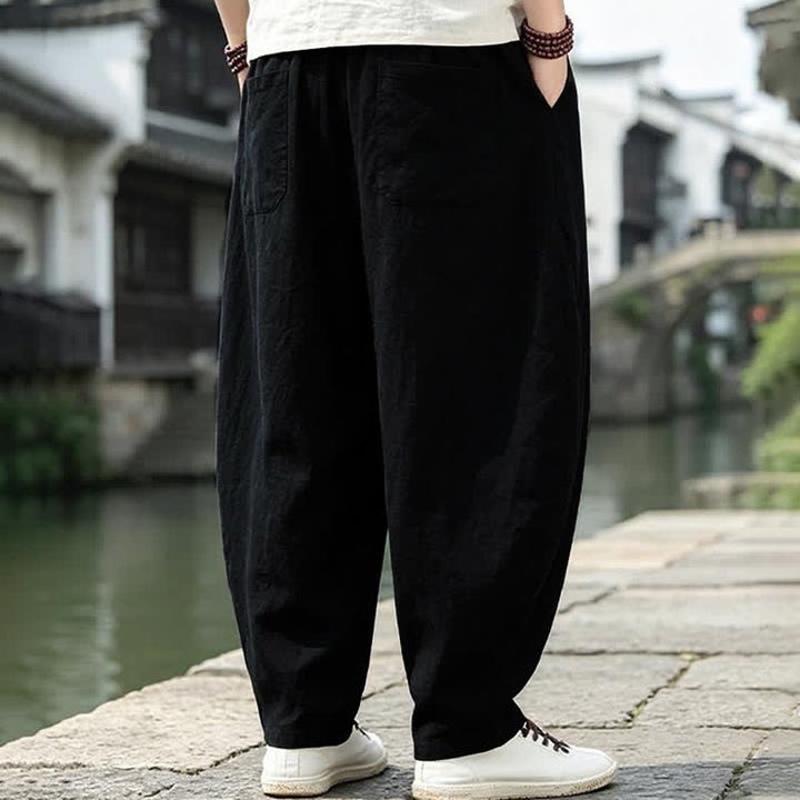 Buddha Stones 春夏ヴィンテージカジュアルドローストリング無地クロップドパンツメンズハーレムパンツポケット付き - image 7