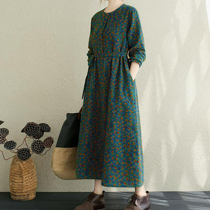 Buddha Stones 秋のカジュアルヴィンテージ風ボタンアップ花柄レディース長袖ワンピース（ポケット付き） - image 13