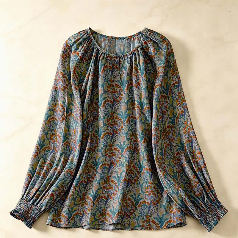 Buddha Stones 秋のヴィンテージ風花柄レディース長袖シャツ - ティール - US8-10, UK/AU12-14, EU40-42 （2XL） - image 0