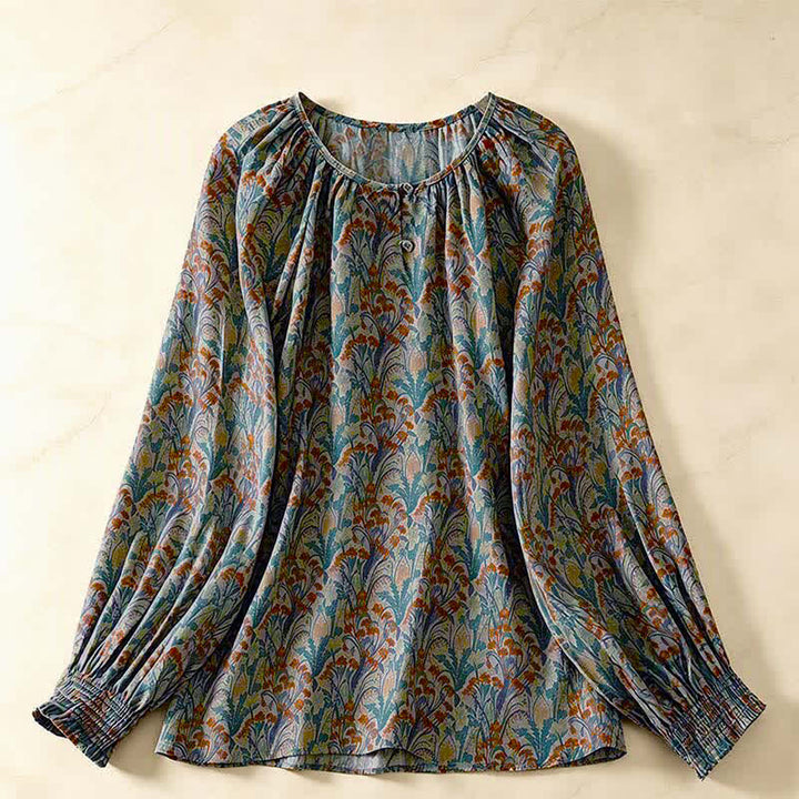 Buddha Stones 秋のヴィンテージ風花柄レディース長袖シャツ - ティール - US8-10, UK/AU12-14, EU40-42 （2XL） - image 0