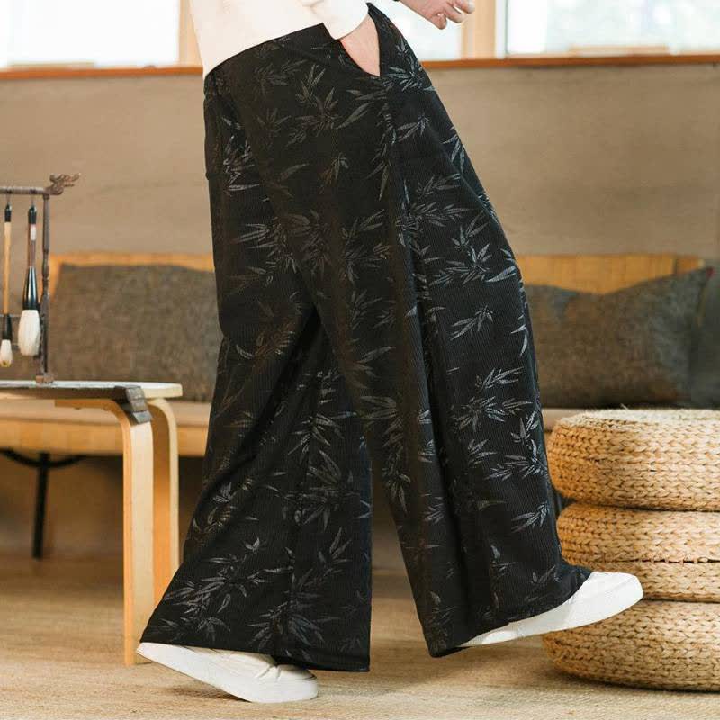 Buddha Stones 秋冬カジュアルヴィンテージドローストリング竹葉柄アンクルパンツメンズストレートレッグパンツポケット付き - image 8