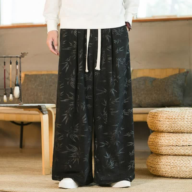 Buddha Stones 秋冬カジュアルヴィンテージドローストリング竹葉柄アンクルパンツメンズストレートレッグパンツポケット付き - image 6